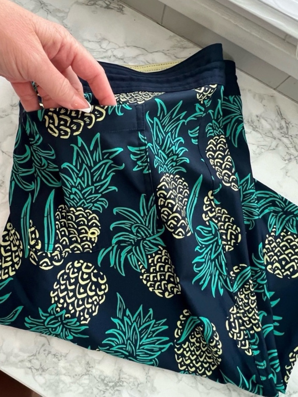 🛍️ Old Navy Navy Swim Trunks with Yellow Waistband and Teal Pineapple Print Size